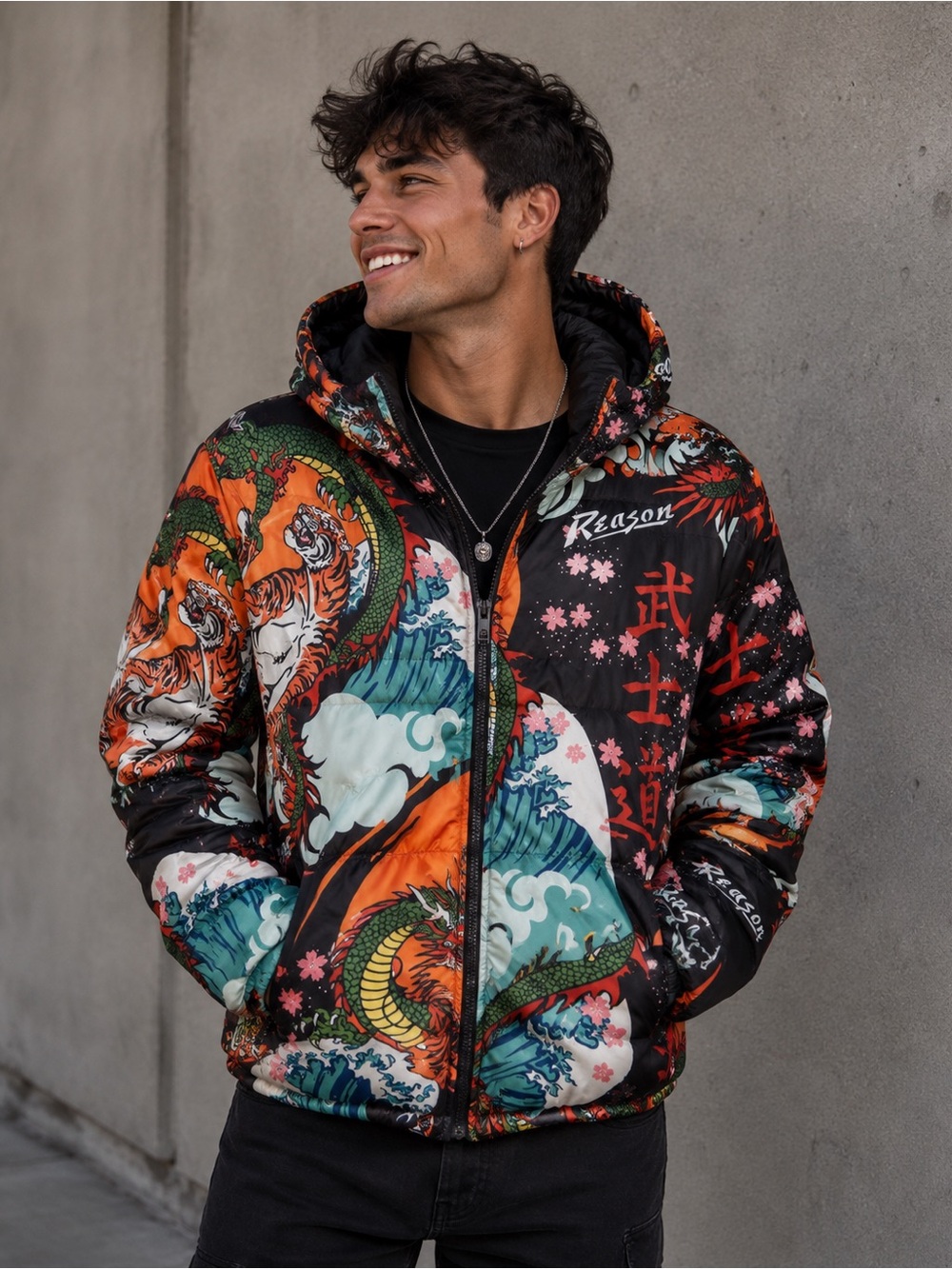 Reason Jacket Mens Large Multicolor Hooded Puffer Tiger Dragon Print Tattoo